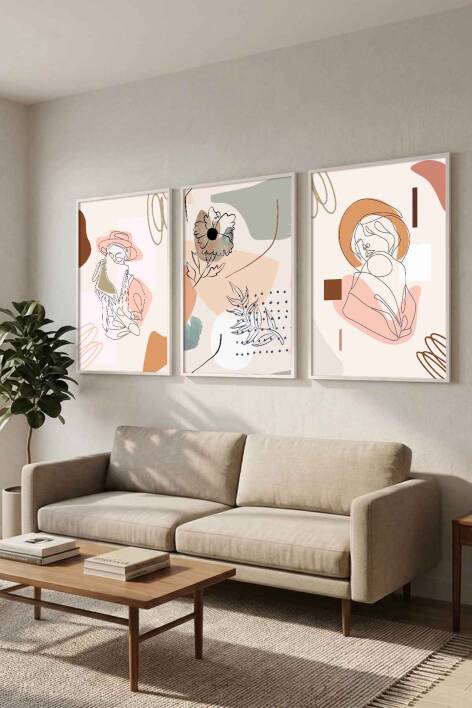 3'lü Minimalist Set Kadın Figürlü Boho Sanat Çerçeveli Tablo Seti Salon ve Yatak Odası Dekorasyonu - 9