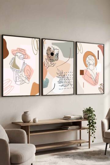 3'lü Minimalist Set Kadın Figürlü Boho Sanat Çerçeveli Tablo Seti Salon ve Yatak Odası Dekorasyonu Siyah