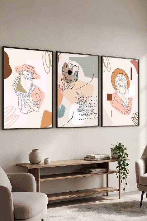 3'lü Minimalist Set Kadın Figürlü Boho Sanat Çerçeveli Tablo Seti Salon ve Yatak Odası Dekorasyonu - 4