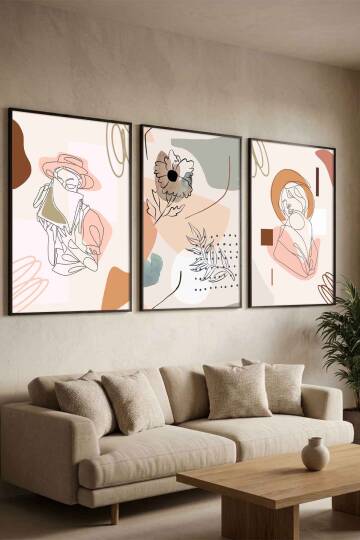 3'lü Minimalist Set Kadın Figürlü Boho Sanat Çerçeveli Tablo Seti Salon ve Yatak Odası Dekorasyonu - 5