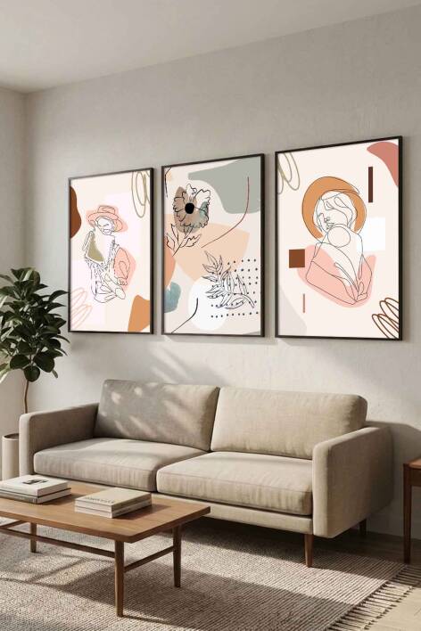 3'lü Minimalist Set Kadın Figürlü Boho Sanat Çerçeveli Tablo Seti Salon ve Yatak Odası Dekorasyonu - 6