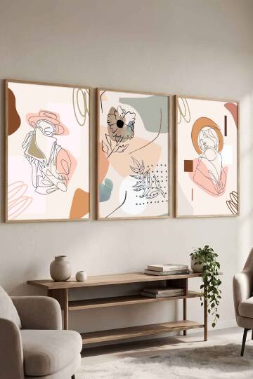 3'lü Minimalist Set Kadın Figürlü Boho Sanat Çerçeveli Tablo Seti Salon ve Yatak Odası Dekorasyonu