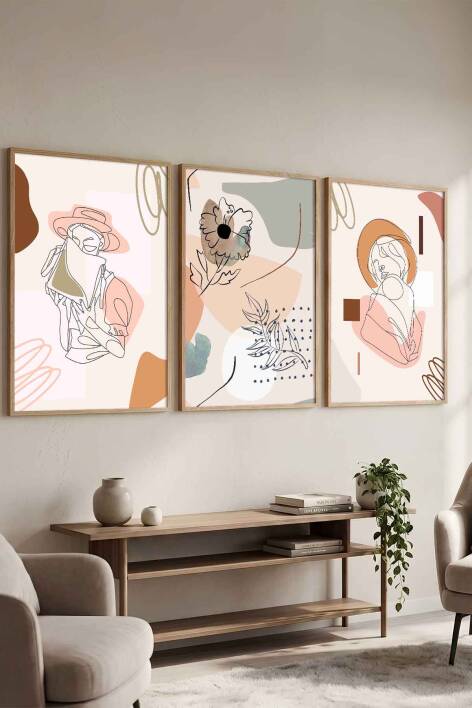 3'lü Minimalist Set Kadın Figürlü Boho Sanat Çerçeveli Tablo Seti Salon ve Yatak Odası Dekorasyonu - 1