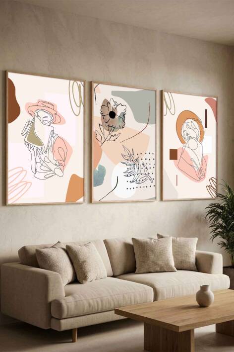 3'lü Minimalist Set Kadın Figürlü Boho Sanat Çerçeveli Tablo Seti Salon ve Yatak Odası Dekorasyonu - 2
