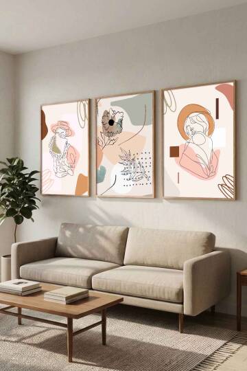 3'lü Minimalist Set Kadın Figürlü Boho Sanat Çerçeveli Tablo Seti Salon ve Yatak Odası Dekorasyonu - 3