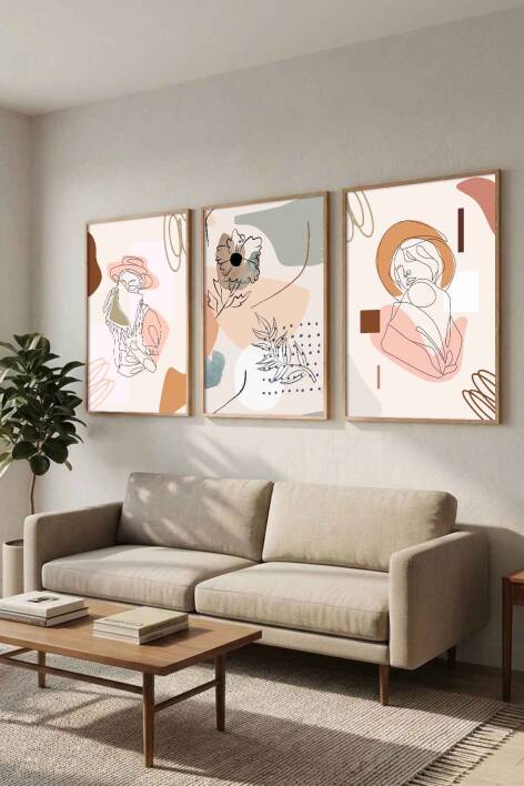 3'lü Minimalist Set Kadın Figürlü Boho Sanat Çerçeveli Tablo Seti Salon ve Yatak Odası Dekorasyonu - 3