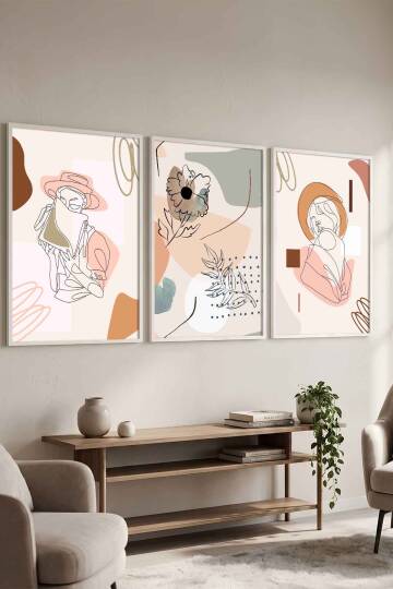 3'lü Minimalist Set Kadın Figürlü Boho Sanat Çerçeveli Tablo Seti Salon ve Yatak Odası Dekorasyonu Beyaz