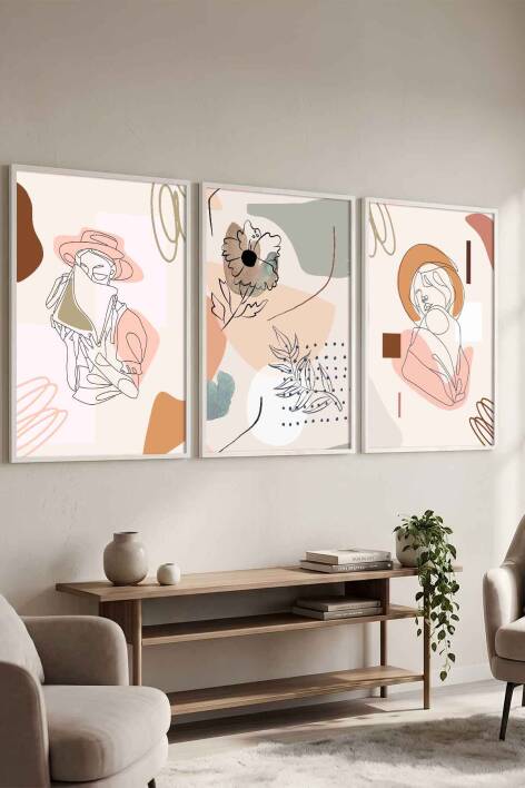 3'lü Minimalist Set Kadın Figürlü Boho Sanat Çerçeveli Tablo Seti Salon ve Yatak Odası Dekorasyonu - 7