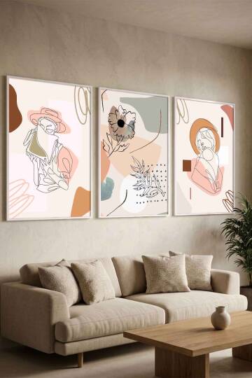 3'lü Minimalist Set Kadın Figürlü Boho Sanat Çerçeveli Tablo Seti Salon ve Yatak Odası Dekorasyonu - 8