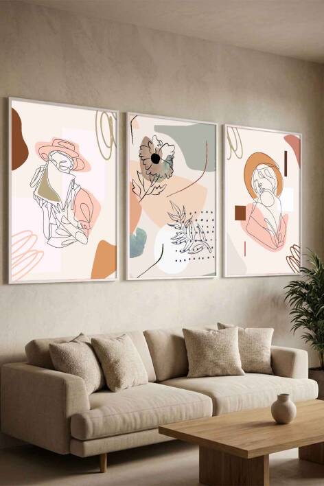 3'lü Minimalist Set Kadın Figürlü Boho Sanat Çerçeveli Tablo Seti Salon ve Yatak Odası Dekorasyonu - 8
