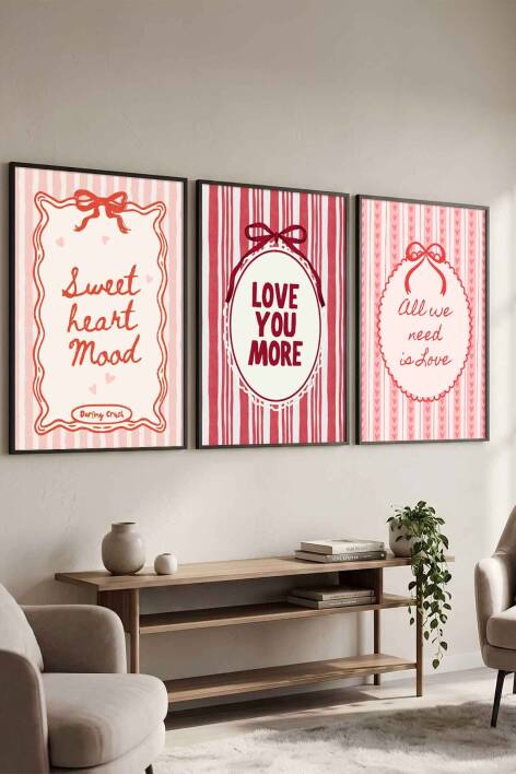 3'lü Set Aşk ve Sevgi Temalı Coquette Estetik Çerçeveli Tablo Salon ve Yatak Odası Dekorasyonu - 1