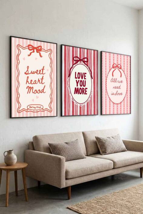 3'lü Set Aşk ve Sevgi Temalı Coquette Estetik Çerçeveli Tablo Salon ve Yatak Odası Dekorasyonu - 2
