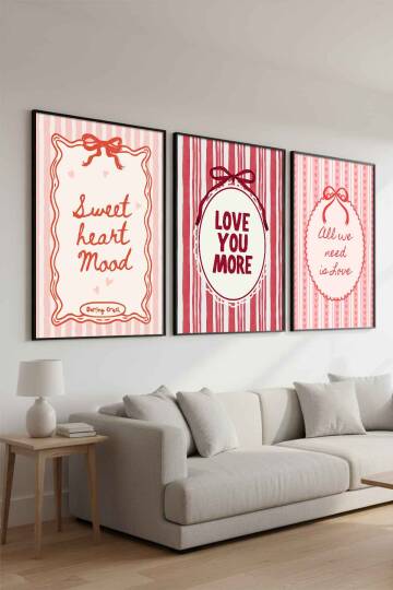 3'lü Set Aşk ve Sevgi Temalı Coquette Estetik Çerçeveli Tablo Salon ve Yatak Odası Dekorasyonu - 3