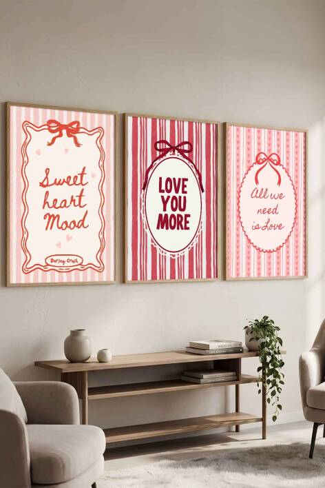 3'lü Set Aşk ve Sevgi Temalı Coquette Estetik Çerçeveli Tablo Salon ve Yatak Odası Dekorasyonu - 4