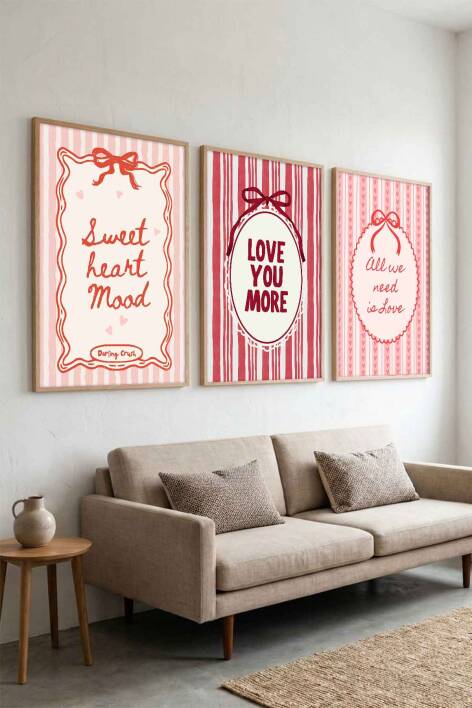 3'lü Set Aşk ve Sevgi Temalı Coquette Estetik Çerçeveli Tablo Salon ve Yatak Odası Dekorasyonu - 5