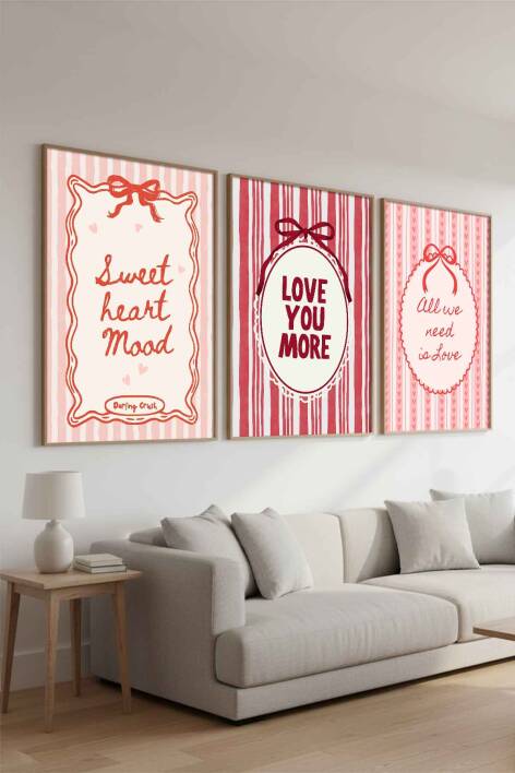 3'lü Set Aşk ve Sevgi Temalı Coquette Estetik Çerçeveli Tablo Salon ve Yatak Odası Dekorasyonu - 6