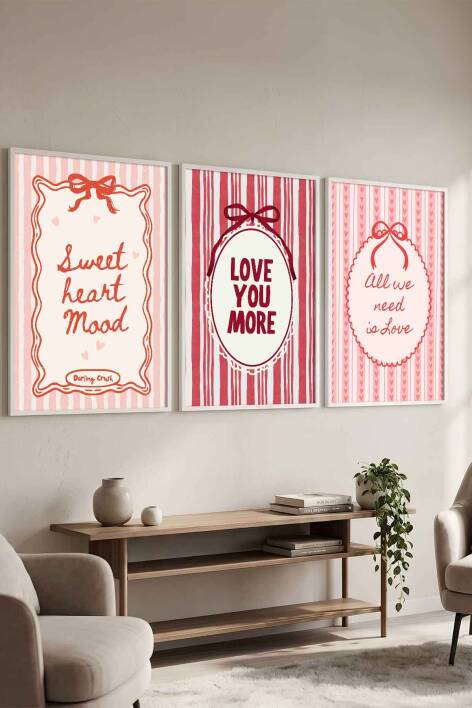 3'lü Set Aşk ve Sevgi Temalı Coquette Estetik Çerçeveli Tablo Salon ve Yatak Odası Dekorasyonu - 7