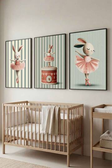 3'lü Set Balerin Tavşan Temalı Çerçeveli Tablo Bebek ve Çocuk Odası Duvar Dekorasyonu - 5