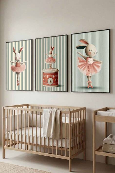 3'lü Set Balerin Tavşan Temalı Çerçeveli Tablo Bebek ve Çocuk Odası Duvar Dekorasyonu - 5