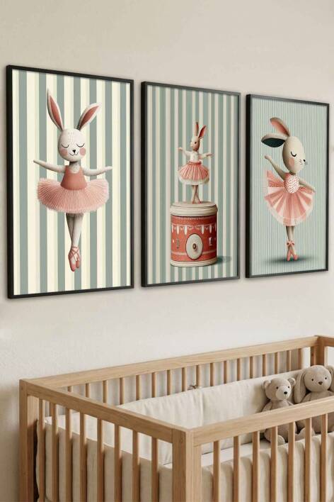 3'lü Set Balerin Tavşan Temalı Çerçeveli Tablo Bebek ve Çocuk Odası Duvar Dekorasyonu - 4