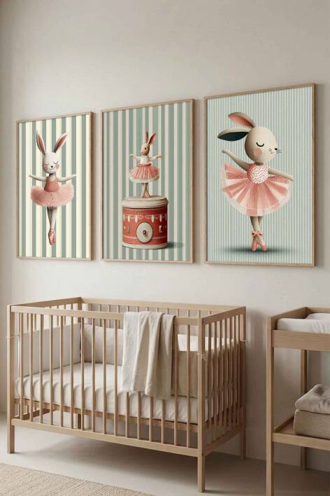3'lü Set Balerin Tavşan Temalı Çerçeveli Tablo Bebek ve Çocuk Odası Duvar Dekorasyonu - 8