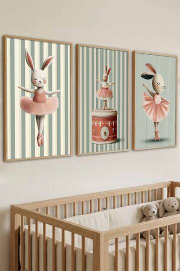 3'lü Set Balerin Tavşan Temalı Çerçeveli Tablo Bebek ve Çocuk Odası Duvar Dekorasyonu Doğal Ahşap