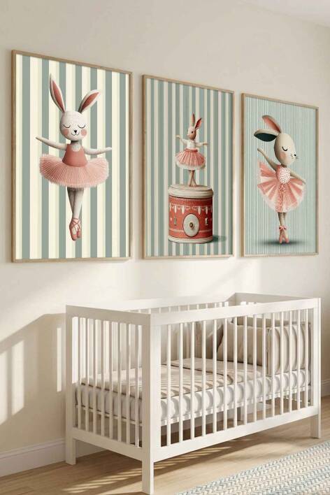 3'lü Set Balerin Tavşan Temalı Çerçeveli Tablo Bebek ve Çocuk Odası Duvar Dekorasyonu - 9