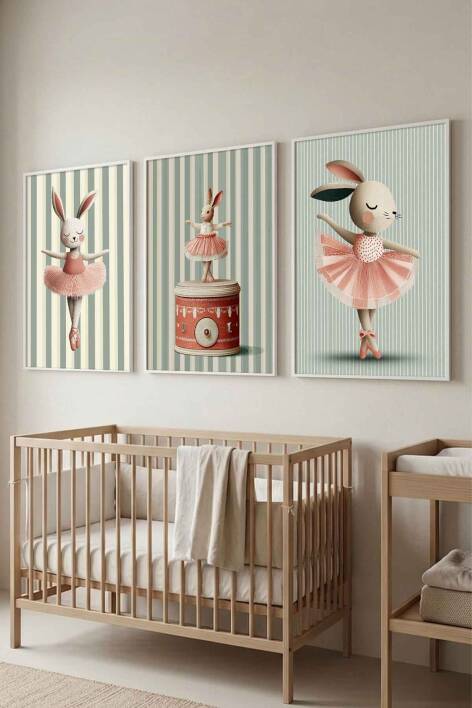 3'lü Set Balerin Tavşan Temalı Çerçeveli Tablo Bebek ve Çocuk Odası Duvar Dekorasyonu - 3