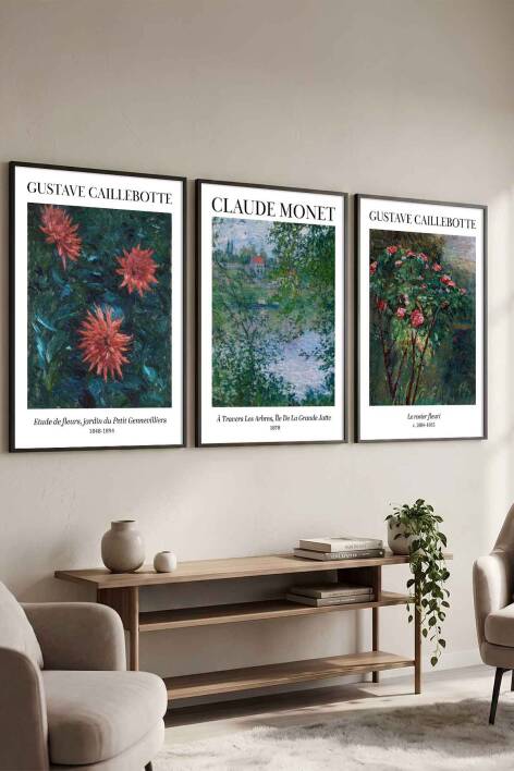 3'lü Set Claude Monet ve Gustave Caillebotte Empresyonist Ünlü Sanat Eseri Serisi Çerçeveli Tablo Seti Salon ve Ofis Dekorasyonu - 1