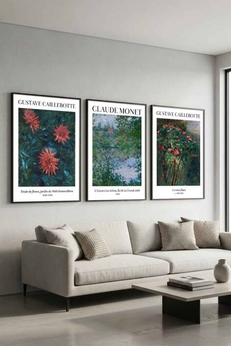 3'lü Set Claude Monet ve Gustave Caillebotte Empresyonist Ünlü Sanat Eseri Serisi Çerçeveli Tablo Seti Salon ve Ofis Dekorasyonu - 3