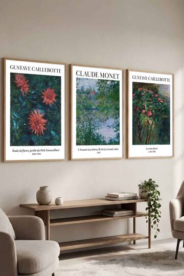 3'lü Set Claude Monet ve Gustave Caillebotte Empresyonist Ünlü Sanat Eseri Serisi Çerçeveli Tablo Seti Salon ve Ofis Dekorasyonu Doğal Ahşap