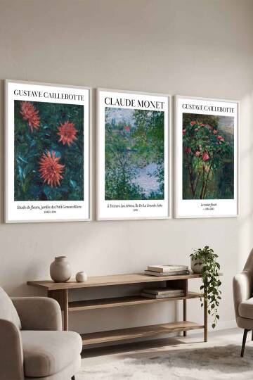 3'lü Set Claude Monet ve Gustave Caillebotte Empresyonist Ünlü Sanat Eseri Serisi Çerçeveli Tablo Seti Salon ve Ofis Dekorasyonu Beyaz