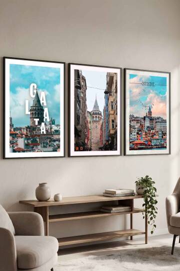 3'lü Set Galata Kulesi ve İstanbul Manzaralı Çerçeveli Tablo Salon ve Ofis Dekorasyonu - 4