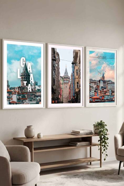 3'lü Set Galata Kulesi ve İstanbul Manzaralı Çerçeveli Tablo Salon ve Ofis Dekorasyonu - 1