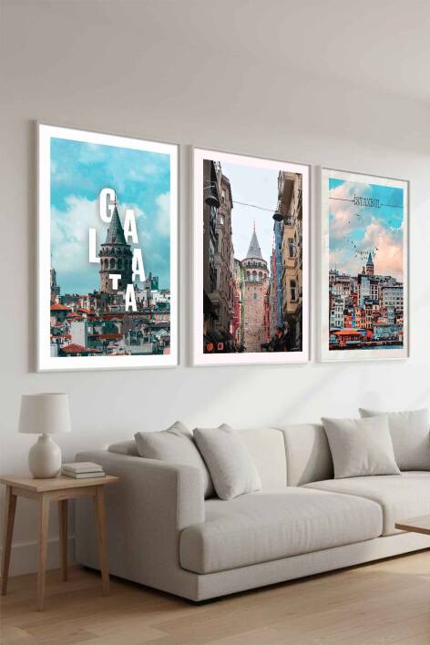 3'lü Set Galata Kulesi ve İstanbul Manzaralı Çerçeveli Tablo Salon ve Ofis Dekorasyonu - 2
