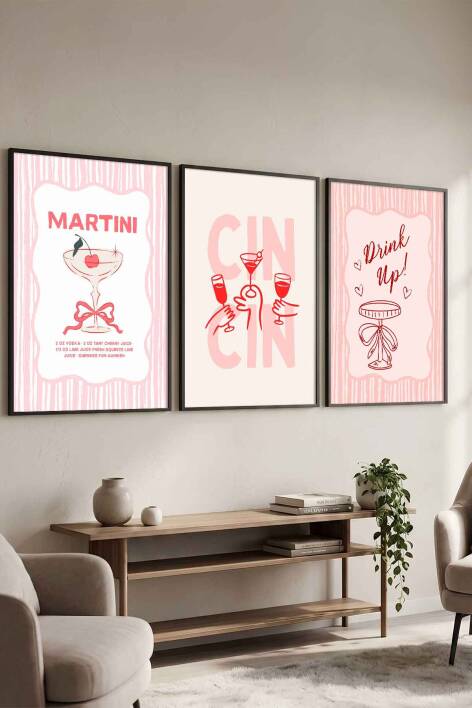 3'lü Set Martini ve Kokteyl Temalı Modern Çerçeveli Tablo Seti Mutfak ve Kafe Dekorasyonu - 1