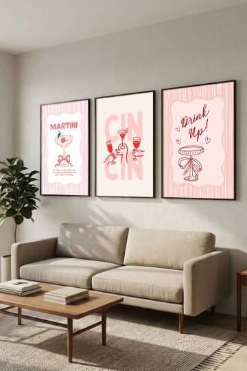 3'lü Set Martini ve Kokteyl Temalı Modern Çerçeveli Tablo Seti Mutfak ve Kafe Dekorasyonu - 3