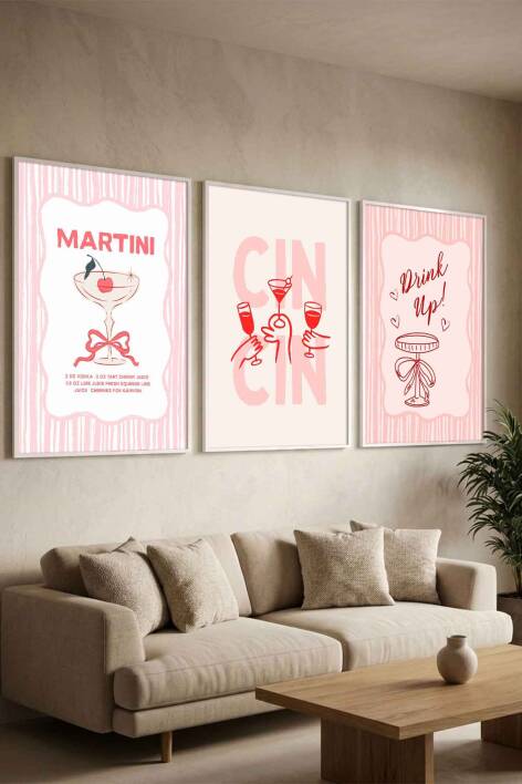 3'lü Set Martini ve Kokteyl Temalı Modern Çerçeveli Tablo Seti Mutfak ve Kafe Dekorasyonu - 8