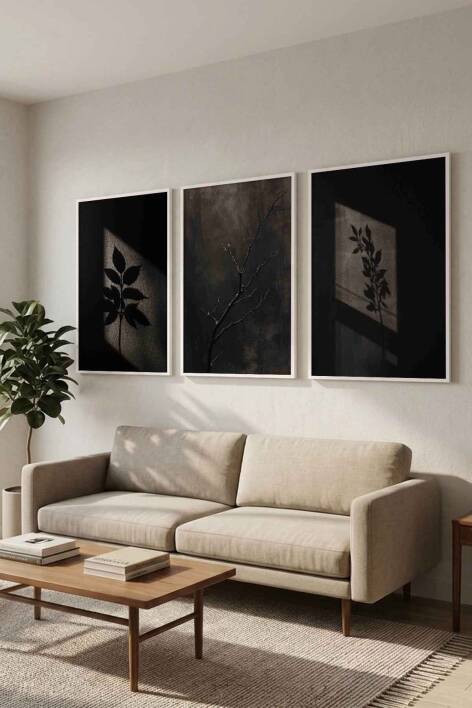 3'lü Set Minimalist Botanik Gölge Tasarımlı Çerçeveli Tablo Seti Salon ve Ofis Dekorasyonu - 9