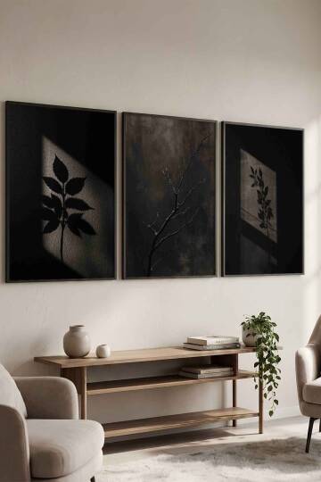 3'lü Set Minimalist Botanik Gölge Tasarımlı Çerçeveli Tablo Seti Salon ve Ofis Dekorasyonu Siyah
