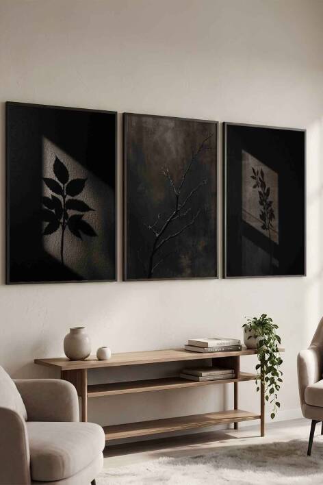 3'lü Set Minimalist Botanik Gölge Tasarımlı Çerçeveli Tablo Seti Salon ve Ofis Dekorasyonu - 4