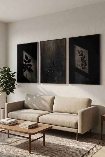 3'lü Set Minimalist Botanik Gölge Tasarımlı Çerçeveli Tablo Seti Salon ve Ofis Dekorasyonu - 6