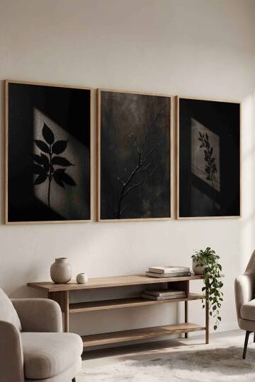 3'lü Set Minimalist Botanik Gölge Tasarımlı Çerçeveli Tablo Seti Salon ve Ofis Dekorasyonu