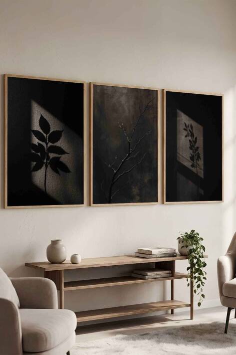 3'lü Set Minimalist Botanik Gölge Tasarımlı Çerçeveli Tablo Seti Salon ve Ofis Dekorasyonu - 1
