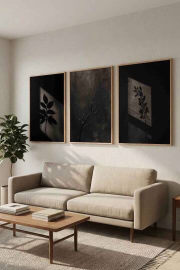 3'lü Set Minimalist Botanik Gölge Tasarımlı Çerçeveli Tablo Seti Salon ve Ofis Dekorasyonu - 3