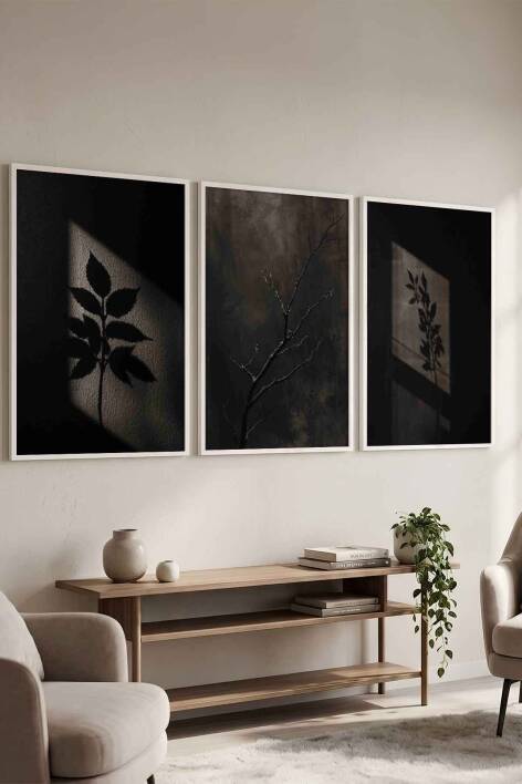 3'lü Set Minimalist Botanik Gölge Tasarımlı Çerçeveli Tablo Seti Salon ve Ofis Dekorasyonu - 7