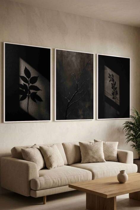 3'lü Set Minimalist Botanik Gölge Tasarımlı Çerçeveli Tablo Seti Salon ve Ofis Dekorasyonu - 8