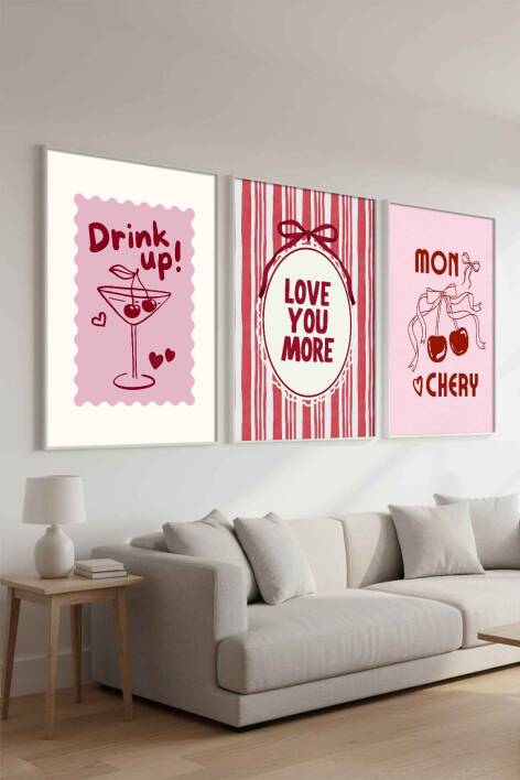 3'lü Set Modern Kiraz Temalı Mon Chery Retro Çerçeveli Tablo Mutfak ve Salon İçin - 3