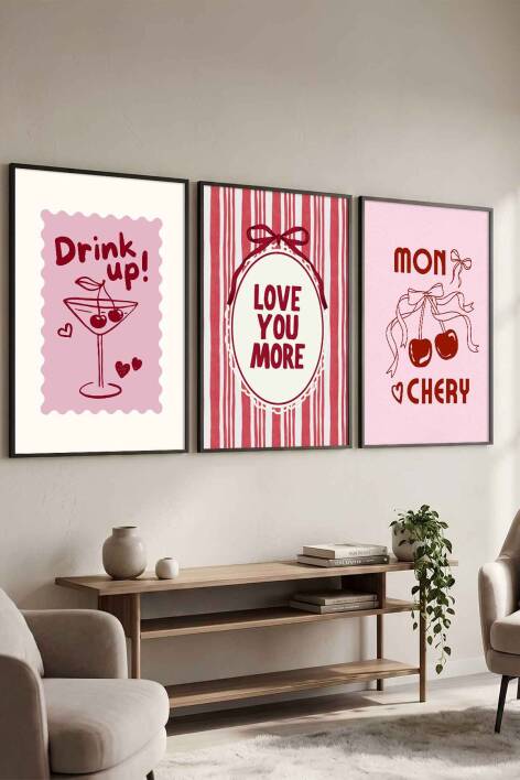 3'lü Set Modern Kiraz Temalı Mon Chery Retro Çerçeveli Tablo Mutfak ve Salon İçin - 4