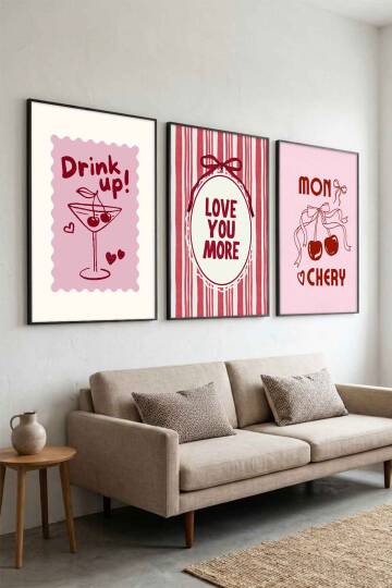 3'lü Set Modern Kiraz Temalı Mon Chery Retro Çerçeveli Tablo Mutfak ve Salon İçin - 6
